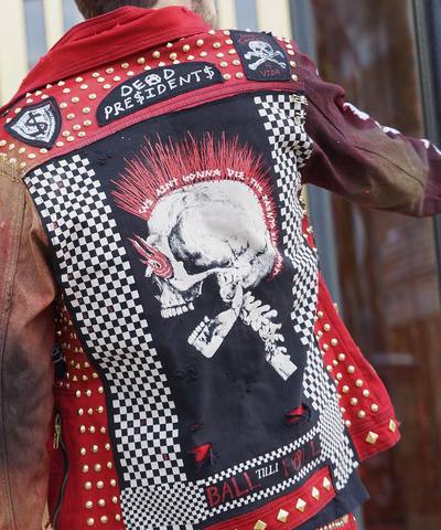 The Saints Sinphony | Куртка джинсовая мужская RED PUNK JACKET TJ025 принт на спине