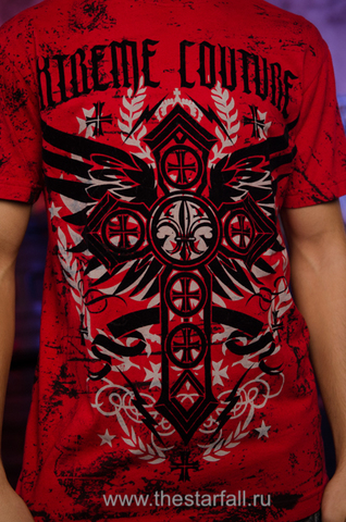 Xtreme Couture | Футболка мужская STATUS UNKNOWN X1480 от Affliction красная принт спереди крест и крылья