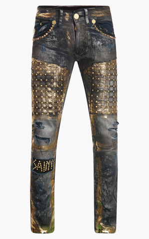 The Saints Sinphony | Джинсы мужские HELLRAISER DARK BLUE BIKER JEANS GOLD TRIM TSG318 перед