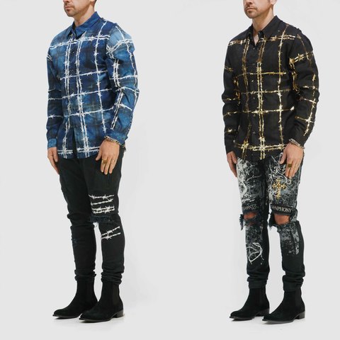 The Saints Sinphony | Рубашка мужская BARBED WIRE BUTTON UP BLUE-WHITE TS3438 перед на модели