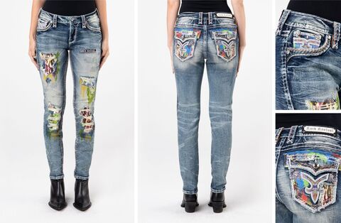 Rock Revival | Джинсы женские HARLOW MS201 MID RISE SKINNY EXHIBITION 30" RP2959MS201S перед и сзади, детали